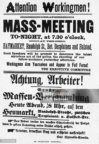 The Haymarket Riot in Chicago, May 4, 1886. Poster protesting the atrocity of the police and calling for renewed mass meeting.