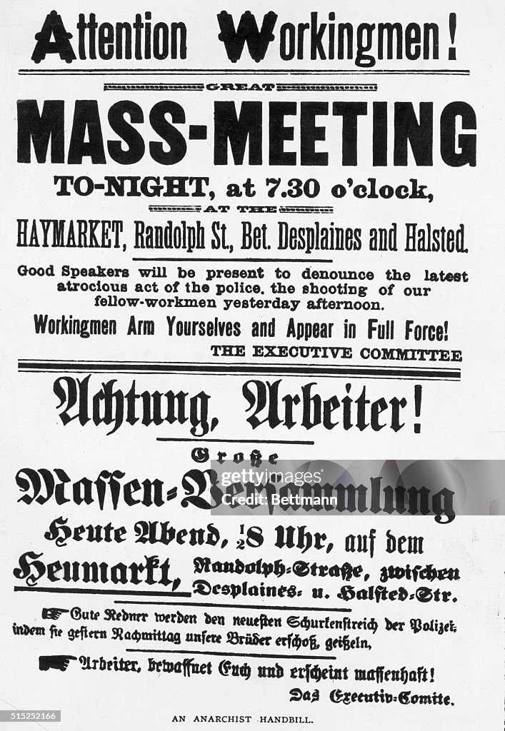 The Haymarket Riot in Chicago, May 4, 1886. Poster protesting the