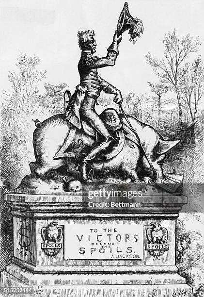 Cartoon depicting a statue of President Andrew Jackson sitting on a hog whose head is digging into a pile of "plunder", "bribery" and "fraud." The...