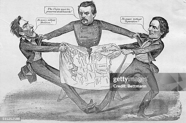 Cartoon showing General George McClellan attempting to mediate between President Abraham Lincoln and Jefferson Davis.