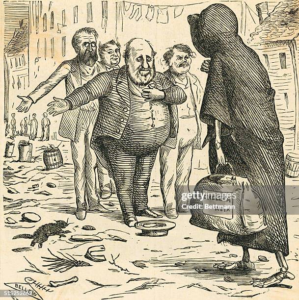 Political cartoon, ca. 1870, illustrating the unsanitary health conditions of New York City, with Boss Tweed welcoming a cholera epidemic.
