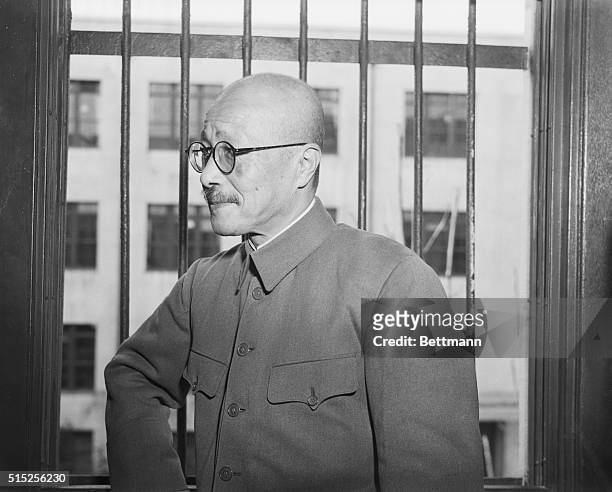Close-up of Hideki Tojo, war crimes suspect, scheduled to appear on the witness stand 12/26 to explain the Japanese version for reasons for the...