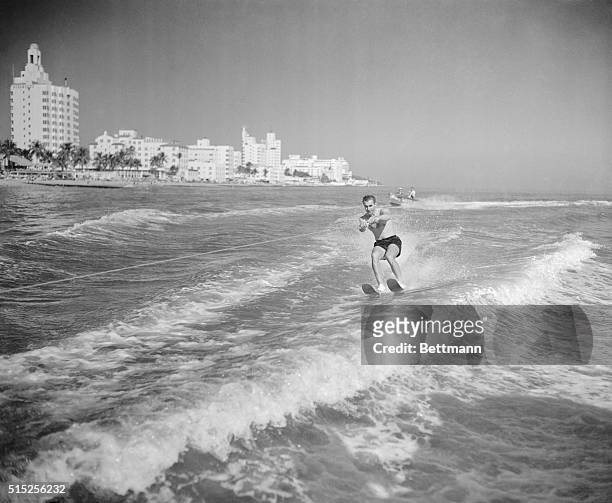 Shah Mohammed Reza Pahlevi of Iran pictured water skiing in the Atlantic Ocean off the San Souci Hotel.