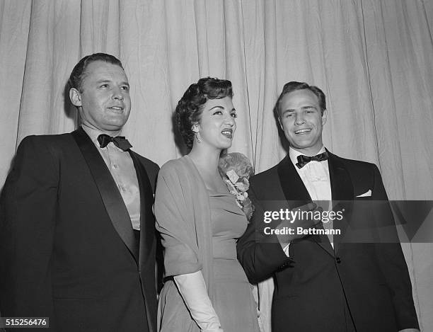 Rod Steiger, Katy Jurado and Marlon Brando pictured at the 27th annual Academy Awards.