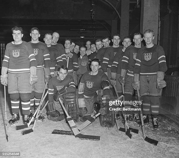 The members of the Amateur hockey Association of the U.S. Ice hockey Team before departing on the S.S. Queen Elizabeth tomorrow to St. Moritz,...