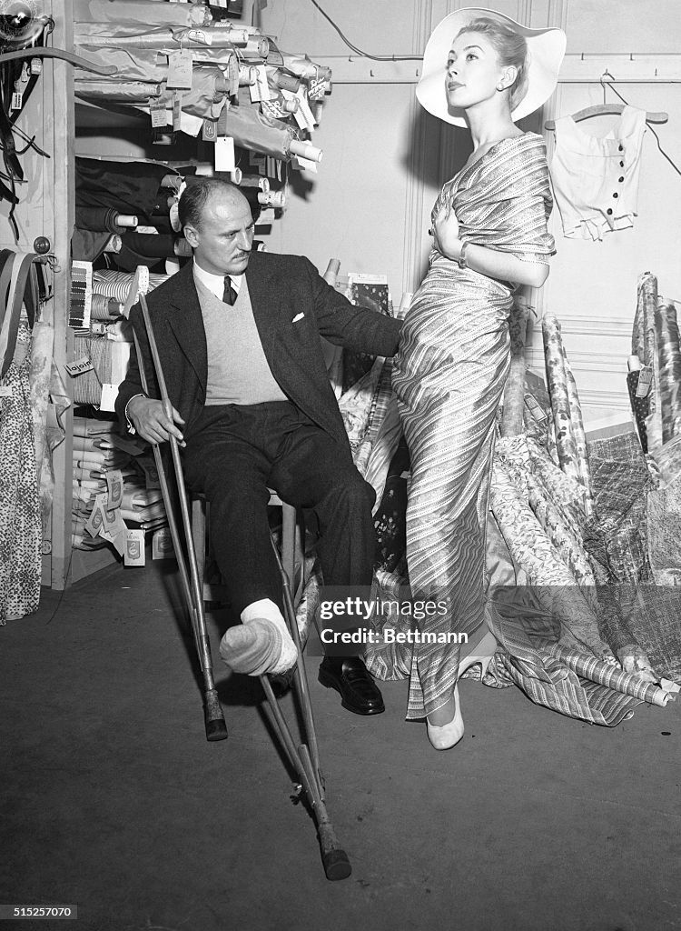 Pierre Balmain Creating Dress for 1955 Spring Fashion Show