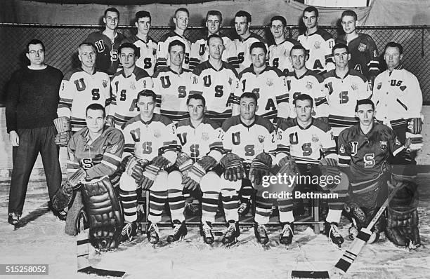 Roster of the U.S. Olympic Ice Hockey Squad. Front row, left to right: Harry C. Batchelder, Jr.; Herbert P. Brooks, Richard O. Meredith, Richard J....