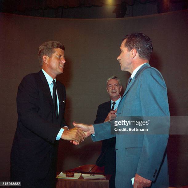 Presidential candidates, Senator John F. Kennedy and Vice President Richard M. Nixon , smiling for the cameras prior to their first nationally...