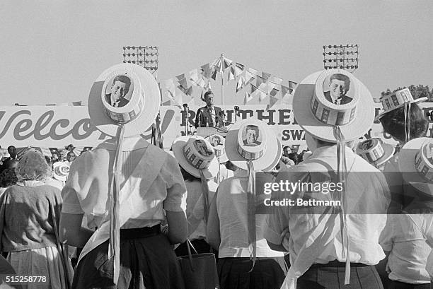 These Kennedy supporters were leaving no doubt as to who they want for President. The girls were part of a crowd that came to Flint's Atwood stadium...