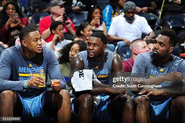 Jarell Martin, Lance Stephenson and P.J. Hairston of the Memphis Grizzlies during the game against the Atlanta Hawks on March 12, 2016 at Philips...