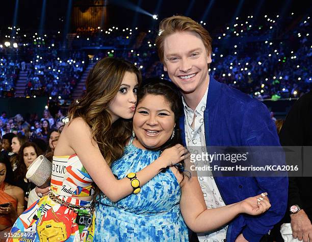 Actors Laura Marano Raini Rodriguez, and Calum Worthy attend Nickelodeon's 2016 Kids' Choice Awards at The Forum on March 12, 2016 in Inglewood,...