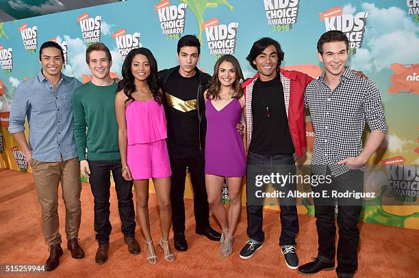 Yoshi Sudarso, Michael Taber, Camille Hyde, Davi Santos, Claire Blackwelder, Brennan Mejia, and James Davies of Power Rangers Dino Charge attend...