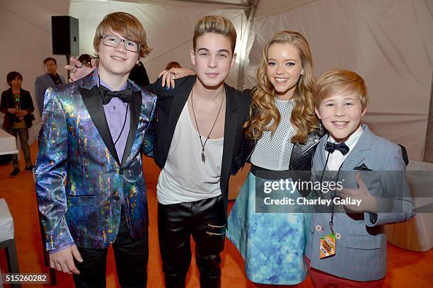 Actors Aidan Miner, Ricardo Hurtado, Jade Pettyjohn and Casey Simpson attend Nickelodeon's 2016 Kids' Choice Awards at The Forum on March 12, 2016 in...