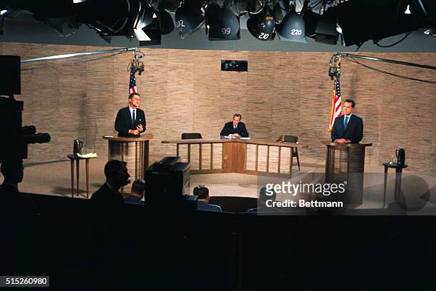 General views of Senator John F. Kennedy and Vice-President Richard Nixon during the intense television debate. This was the second of two debates.