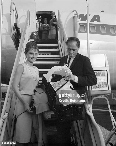 Actress Audrey Hepburn and her husband Mel Ferrer, returned to Los Angeles from Switzerland September 15th,, with their 7 week old baby son, named...