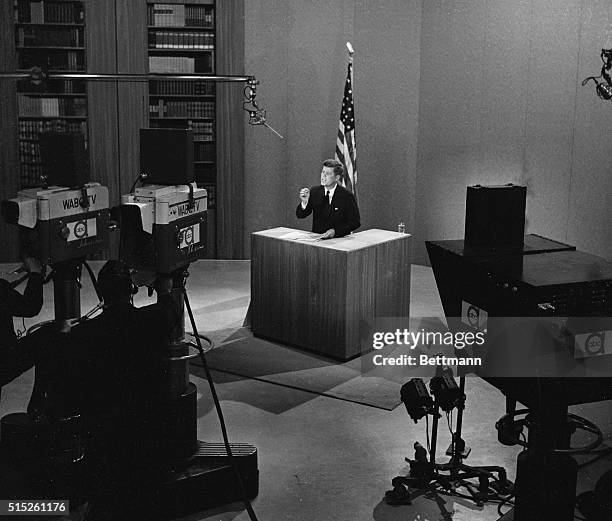 Democratic Presidential candidate John F. Kennedy speaks on New York set during the third Kennedy-Nixon televised debate. Vice President Richard...