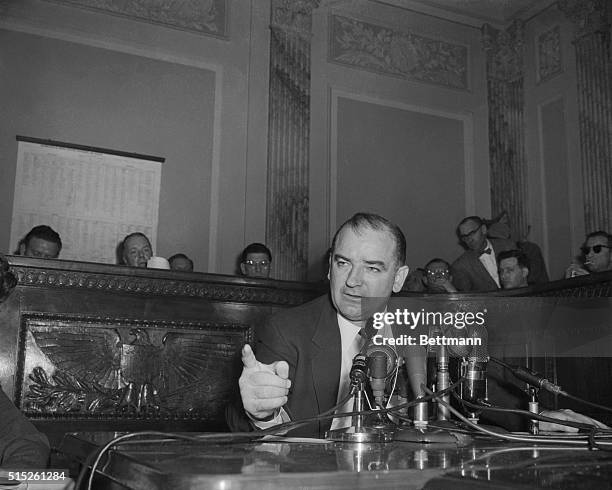 Senator Joseph R. McCarthy, chairman of the Government Committee on Operations of the Senate, comments on the latest developments in his dispute with...