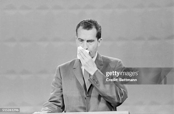 Photo shows Republican Vice-President, Richard Nixon Speaking during the Presidential debate with John Kennedy . Nixon is shown in this close -up...