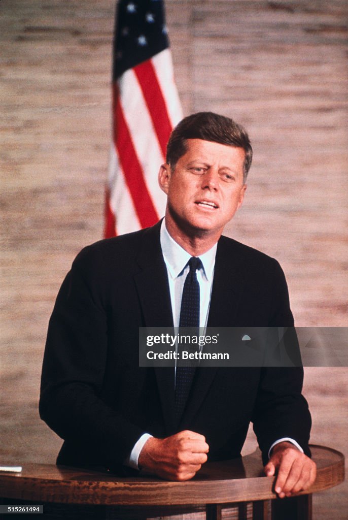 Senator John F. Kennedy Speaking at Podium