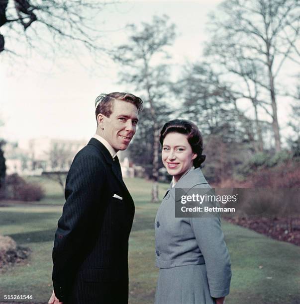 Princess Margaret Announces Engagement. Windsor, Berkshire, England: Princess Margaret and Anthony Armstrong-Jones leave Windsor lodge to stroll the...