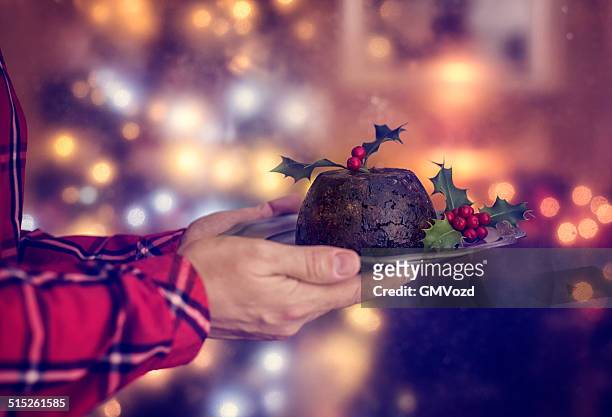 traditional christmas pudding served on a plate - christmas pudding stock pictures, royalty-free photos & images