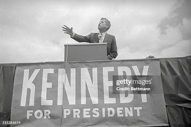 Opens 'New Frontier' Campaign. San Francisco: Sen. John F. Kennedy, Democratic presidential candidate, gestures as he addresses estimated 2000...