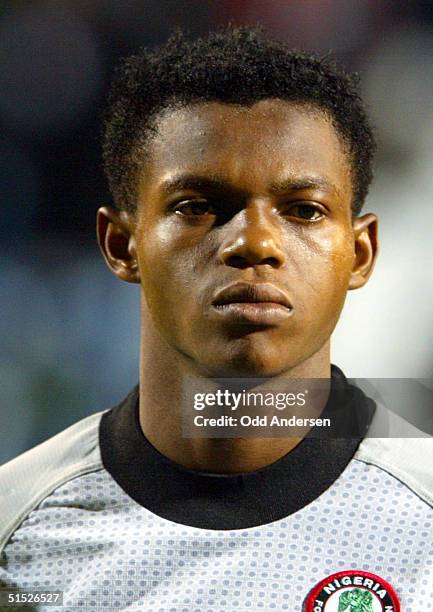 Portrait of Nigerian national soccer team goalkeeper Austin Ejide, taken 26 March 2002 at Loftus Road stadium in London before the start of the...