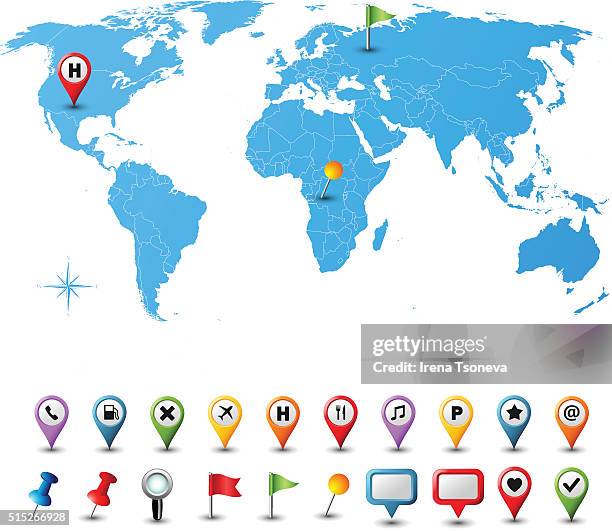 ilustraciones, imágenes clip art, dibujos animados e iconos de stock de mapa mundial con contactos - mapa localizador