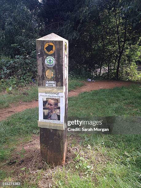 Missing Hanwell teenager Alice Gross. A missing poster next to the canal/river walk near where Alice was last seen in Hanwell.