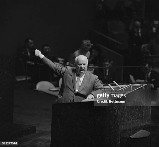 Gesturing and shouting, Soviet Premier Nikita Khrushchev addresses the United Nations General Assembly, October 12th. The Soviet Premiere rose on a...