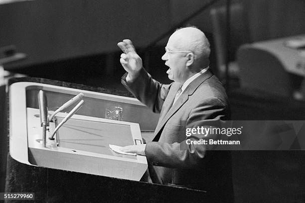 Four views of Soviet Premier Nikita Khrushchev as he delivered his fist-waving, shouting speech before the U.N. General Assembly late October 11th....