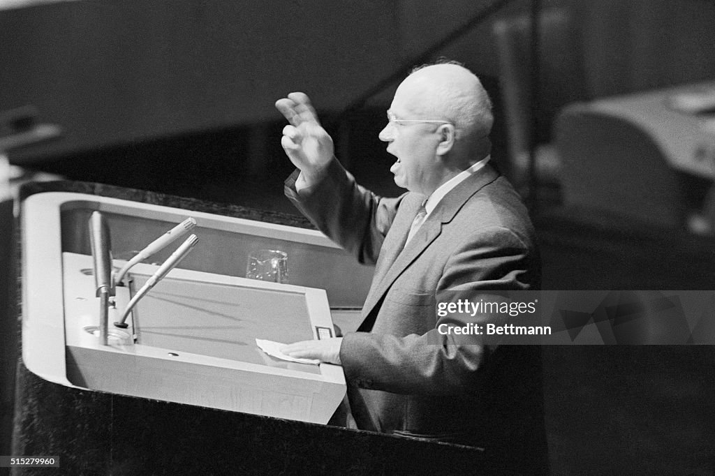 Soviet Premier Nikita Khrushchev Delivering Speech at United Nations