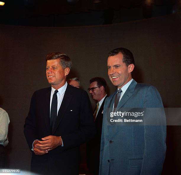 Presidential candidates, Senator John F. Kennedy and Vice President Richard M. Nixon , smiling for the cameras prior to their appearing on the first...