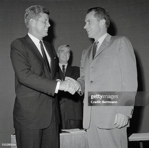 Presidential rivals Senator John F. Kennedy and Vice President Richard Nixon meet for the first time just before their first nationally televised...