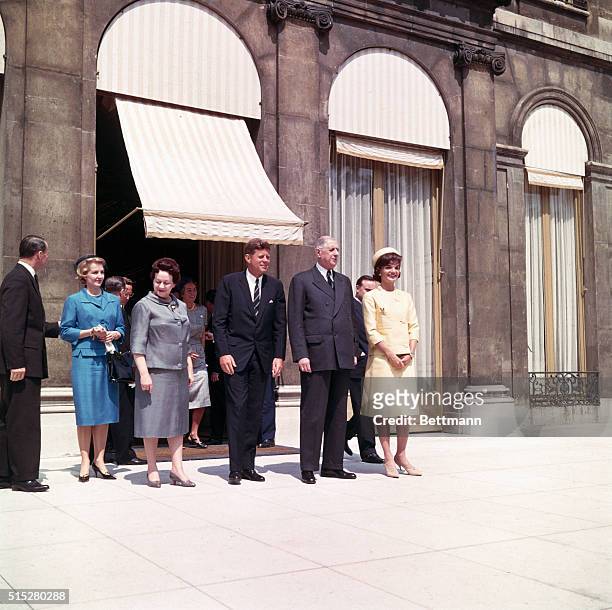 Paris, France. President and Mrs. Kennedy with President and Mrs. De Gaulle outisde Elysee Palace L. To R: Mrs. De gaulle, John F. Kennedy; President...