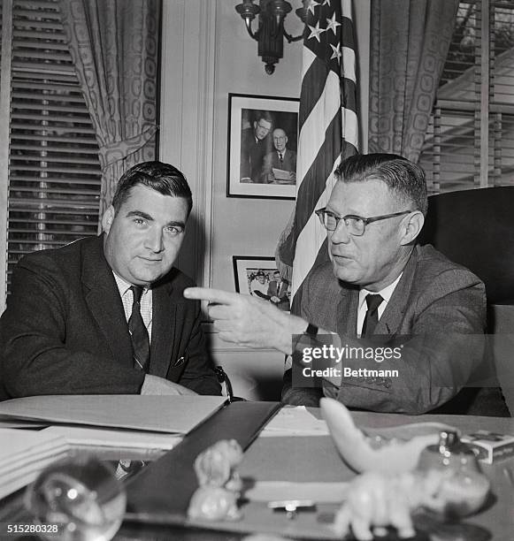 Presidential Press Secretary James Hagerty, meets with with Pierre Salinger, Senator Kennedy's Press Secretary, after they lunched at the White...