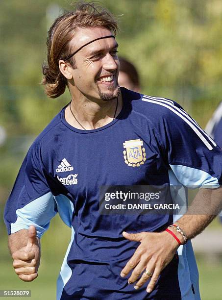 Argentine's forward Gabriel Batistuta runs 09 June 2002, during the afternoon training session at J-Village Naraha practice camp. Argentina plays...