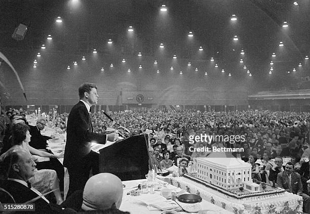 President Kennedy addresses a Democratic fund raising dinner in the National Guard Armory tonight honoring him two days in advance of his 44th...