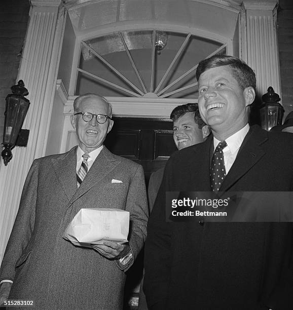 President-elect John Kennedy, accompanied by his father, Joseph Kennedy , and brother, Ted , leave the Kennedy home here today to visit the Senator's...
