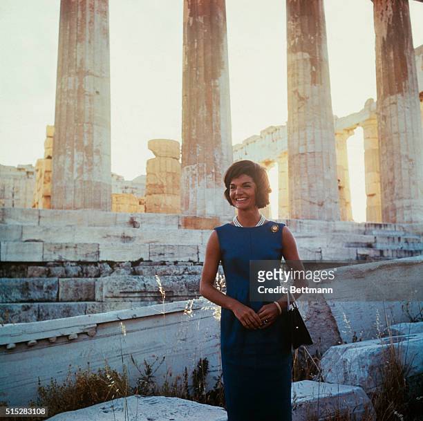 Athens, Greece. Jacqueline Kennedy, touring the Acropolis- in background is the Parthenon.