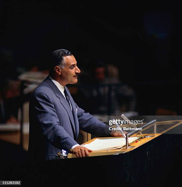 New York: Gamal Abdel Nasser, addresses the United Nations General Assembly here. Nasser called for a personal meeting between President Eisenhower...