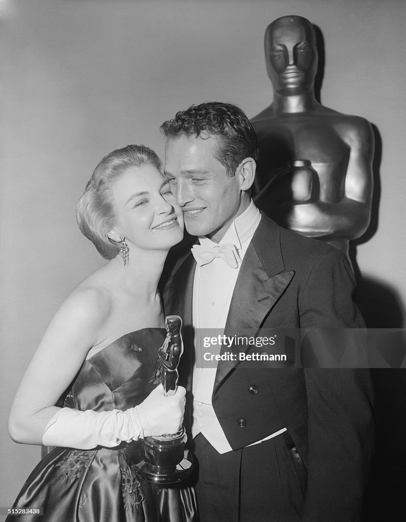 Joanne Woodward Holding Academy Award with Husband Paul Newman