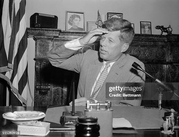 Senator John F. Kennedy, Mass., is shown as he met with newsman at the Capitol today after long weeks of Re cooperation from a serious spinal...