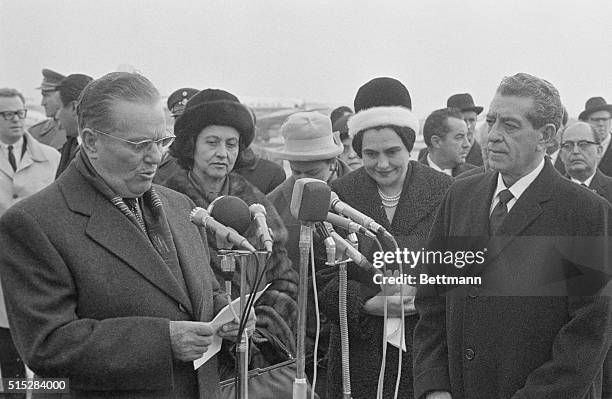 Yugoslav President Josip Broz Tito reads official greeting to Mexican President Adolfo Lopez Mateos on the latter's arrival here March 29. In the...