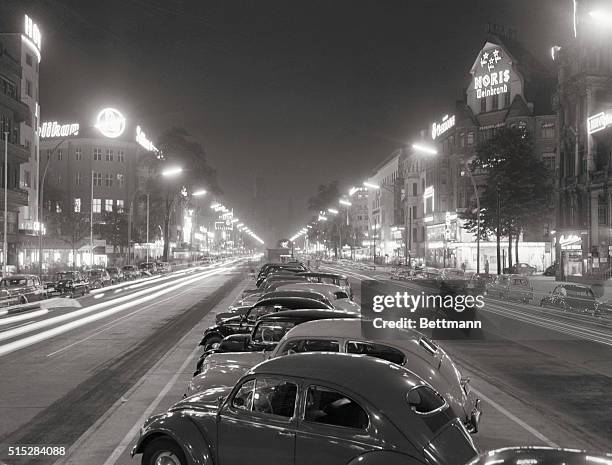 West Berlin, West Germany: In the last days the Berlin electricity workers were very busy putting up over hundred new modern street lamps with neon...
