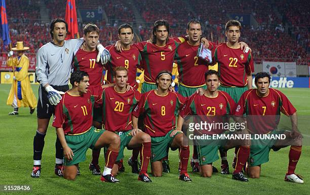 Portugal line up for a team photo, 14 June 2002 at the Incheon Munhak Stadium in Incheon, prior to first round Group D action between Portugal and...