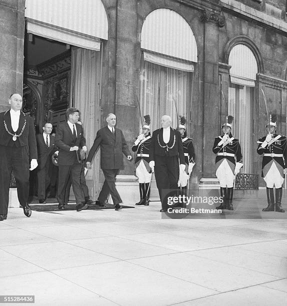 President Kennedy arrives at Palais de l'Elysee for the last of a series of talks with French President Charles De Gaulle.