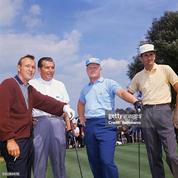 Arnold Palmer, , Jack Nicklaus, , Bob Charles, , and Julius Boras, , all lined up before start of tournament, 9/7, at the Fairstone Country Club....