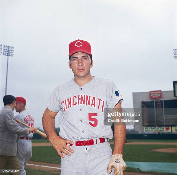 Baseball player Johnny Bench of the Cincinnati Reds. Bench hit more than 200 home runs and was the National League's Most Valuable Player on several...