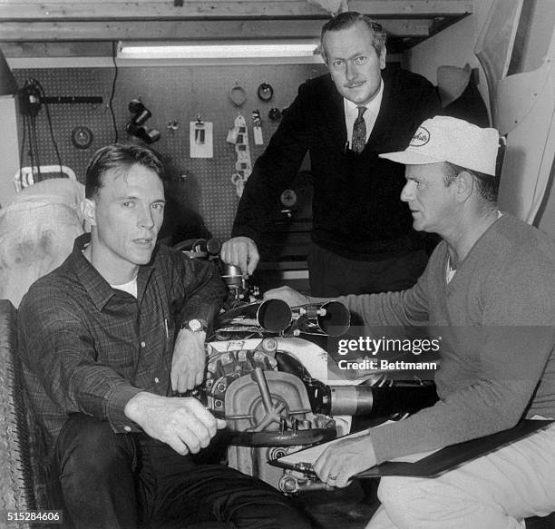 Indianapolis: Driver Dan Gurney & designer Colin Chapman discuss prospects of their Lotus-Fords in upcoming 500 with Herald-Examiner Sports Writer...
